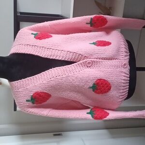 Dreamers by Debut 3D Pink & Red Strawberry Chunky Cardigan Sweater ** Sz M/L